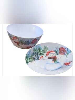 Festive Snowman and Cardinal Serving  Bowl and Serving Plate Set